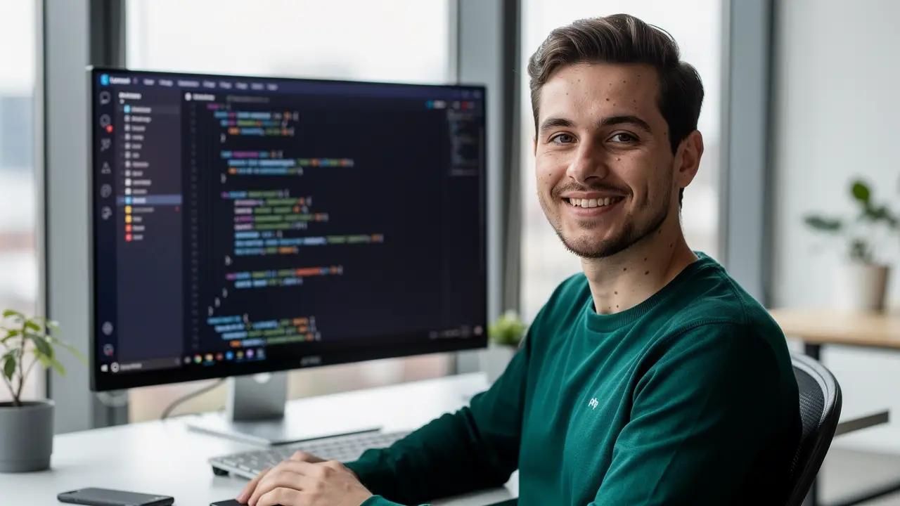 A confident PHP developer working at a desk in a modern office