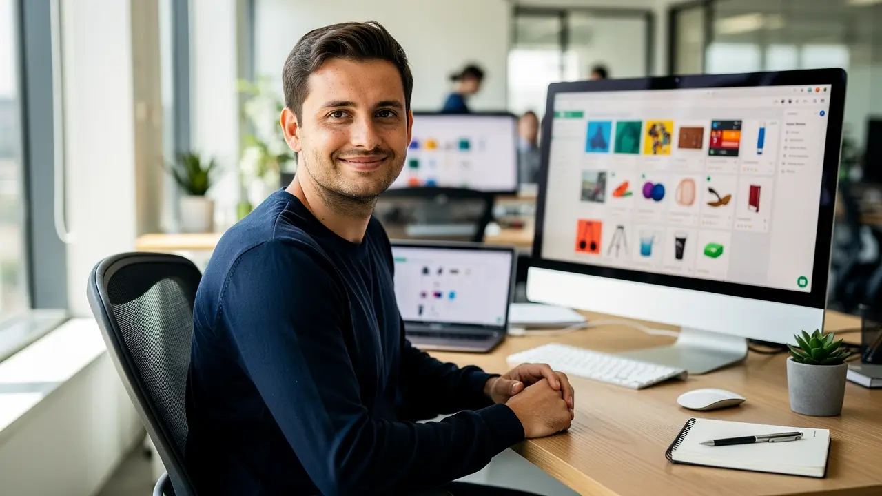 A confident Shopify developer working at a desk in a modern office