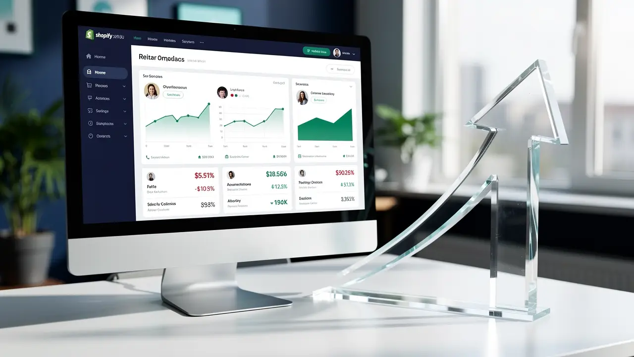 A Shopify ecommerce dashboard beside an upward growth arrow