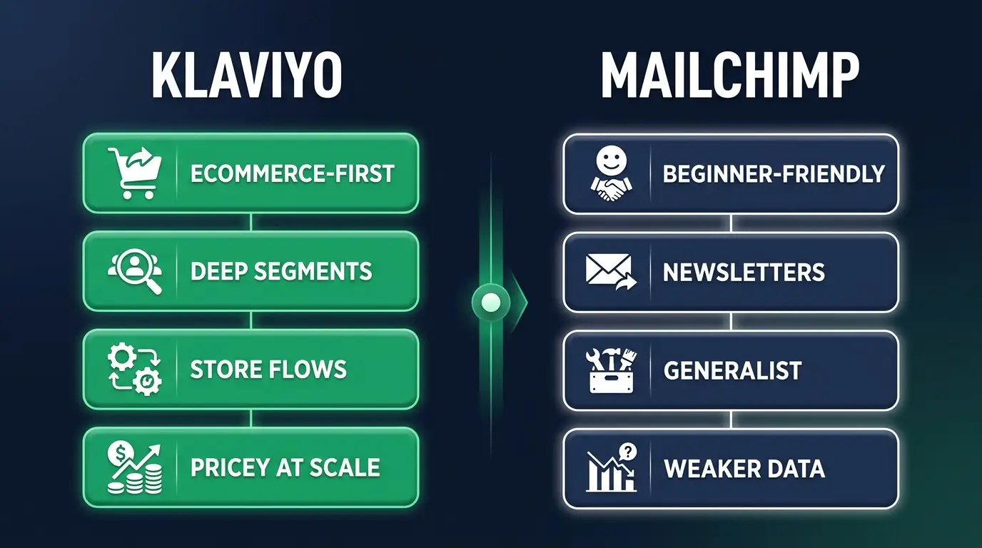 Klaviyo versus Mailchimp compared for ecommerce: data, segmentation, flows and pricing