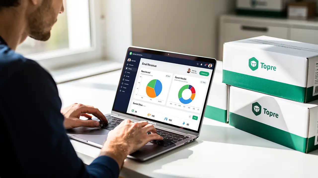 An ecommerce store owner reviewing email marketing revenue on a dashboard