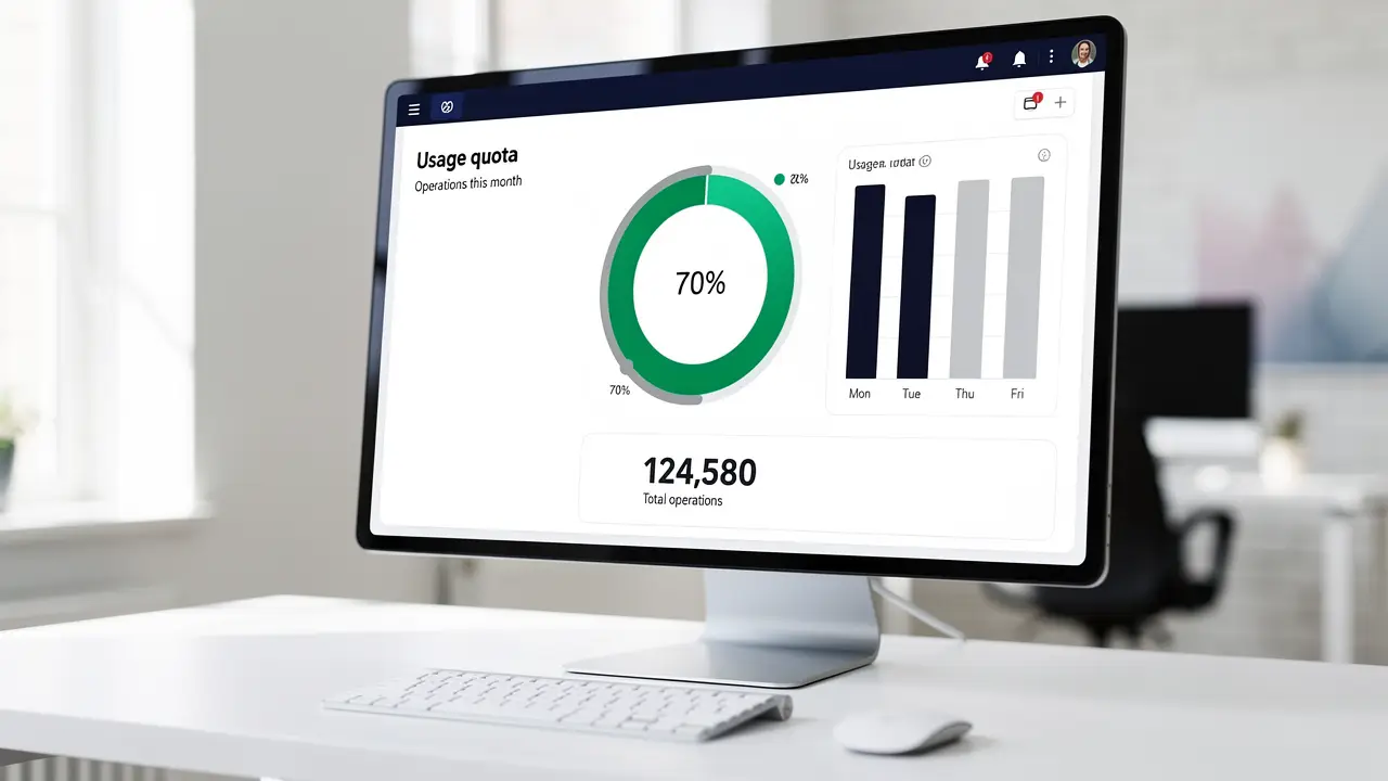 Realistic photo of a person at a desk reviewing an automation billing dashboard on a laptop, planning their monthly Make.com operations budget
