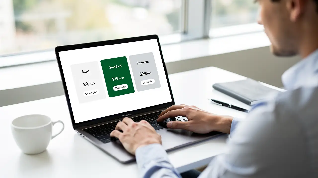 A person comparing Make.com subscription plans and operations limits on a laptop