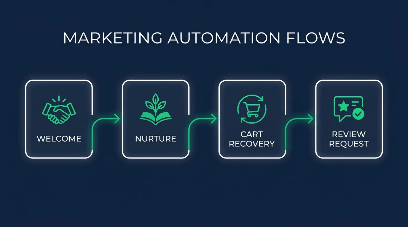 Diagram of core small business marketing automation flows from welcome to nurture to cart recovery to review request