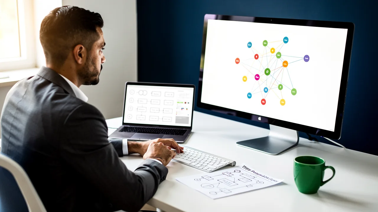 Marketing automation manager reviewing connected systems and data flows