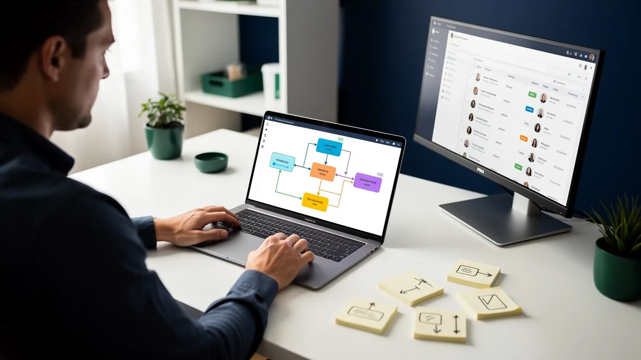 Marketing automation specialist building a workflow on a laptop