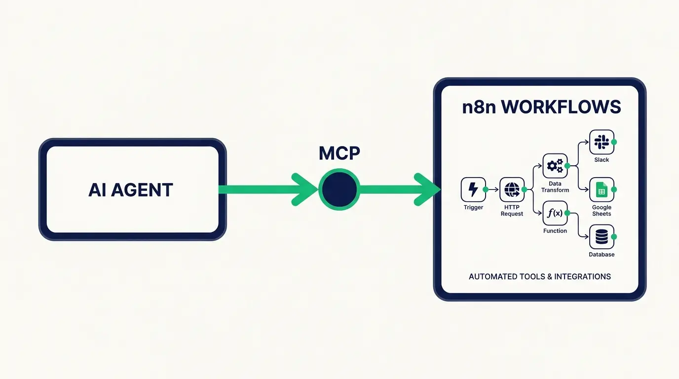 Diagram showing an AI agent calling n8n workflows as tools through the Model Context Protocol