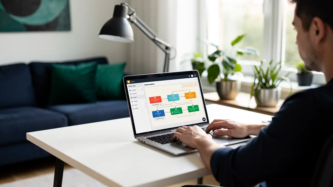 A person building a multi-step automation workflow on a laptop with connected nodes on screen