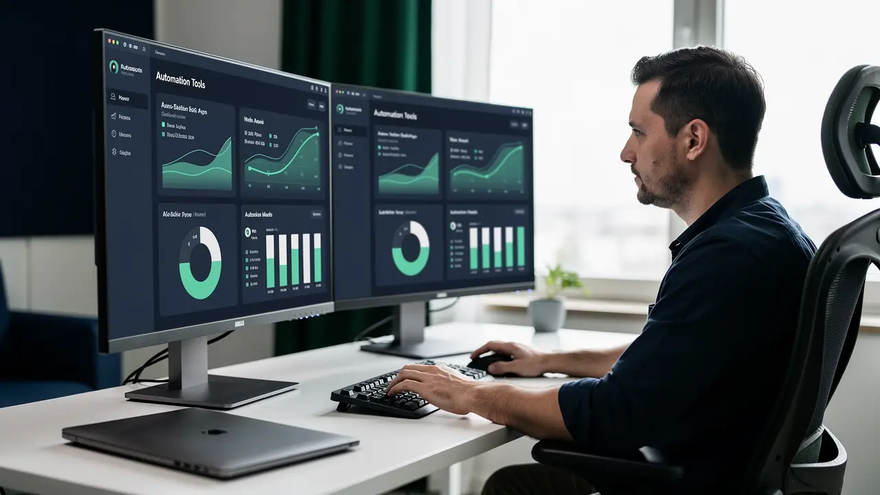 A developer weighing n8n against Zapier on a dual-monitor setup