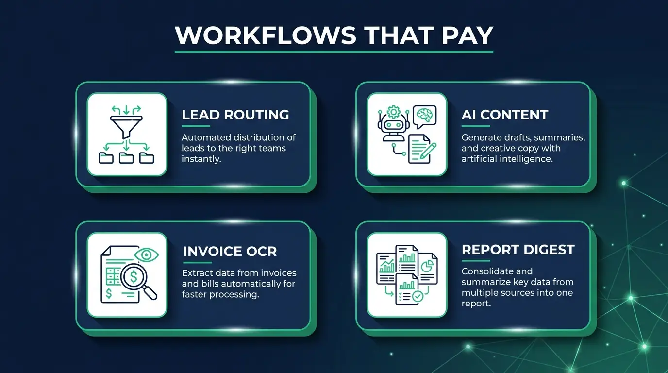Ten n8n workflows that pay: lead routing, AI content, invoice OCR and report digests