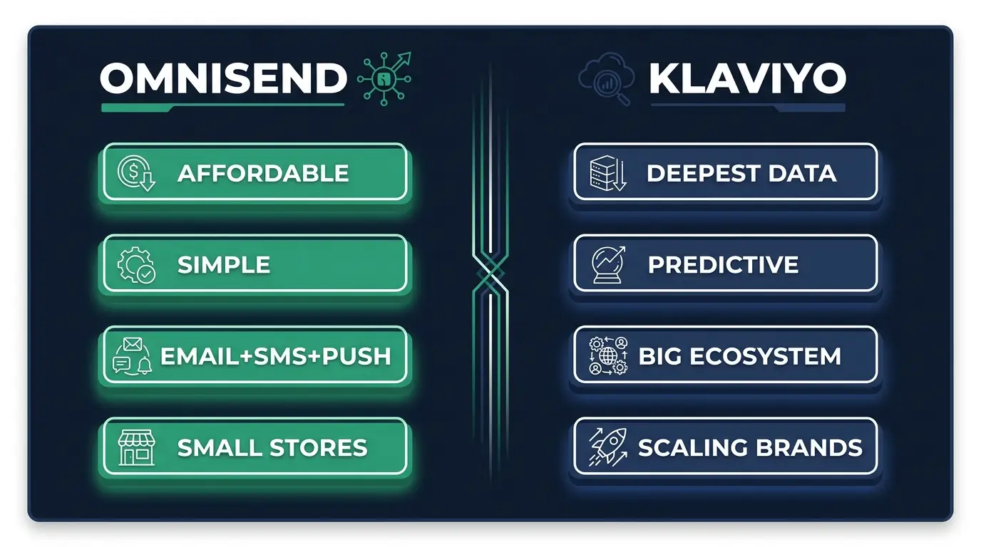 Omnisend versus Klaviyo compared on price, simplicity, data depth and store stage