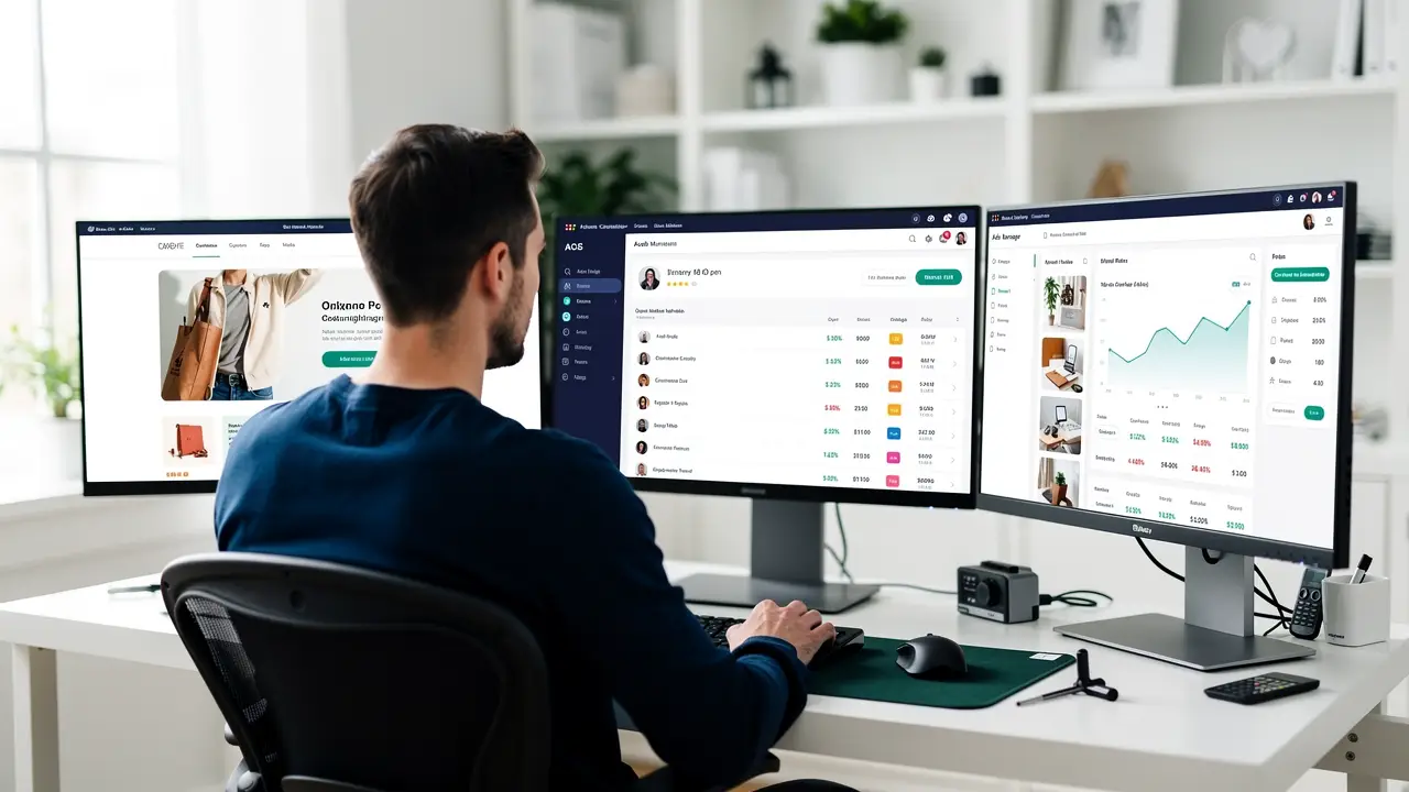 A solo founder managing an ecommerce store, email dashboard and ads manager across three monitors
