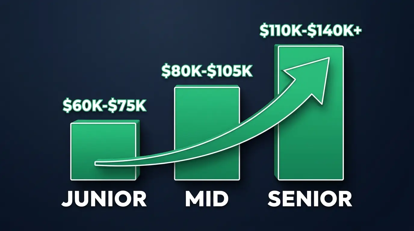 PHP developer salary by level: junior $60K-$75K, mid $80K-$105K, senior $110K-$140K+