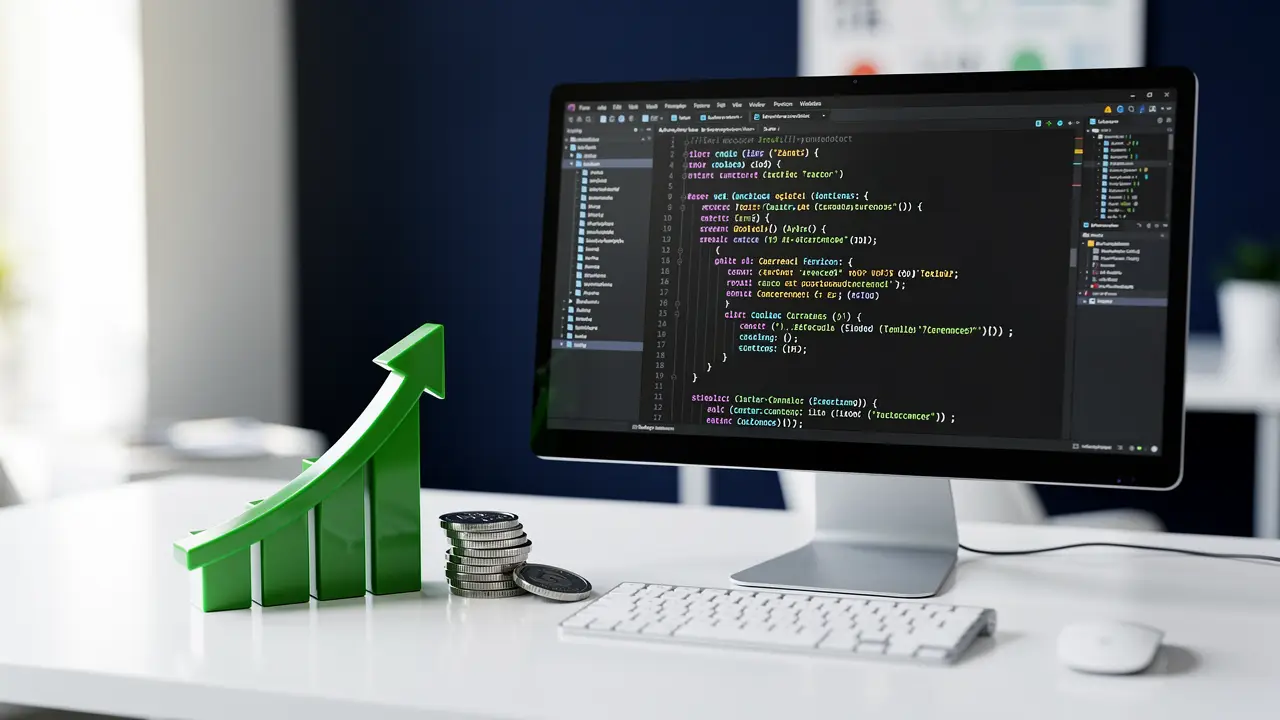 PHP code beside a rising earnings chart and coins