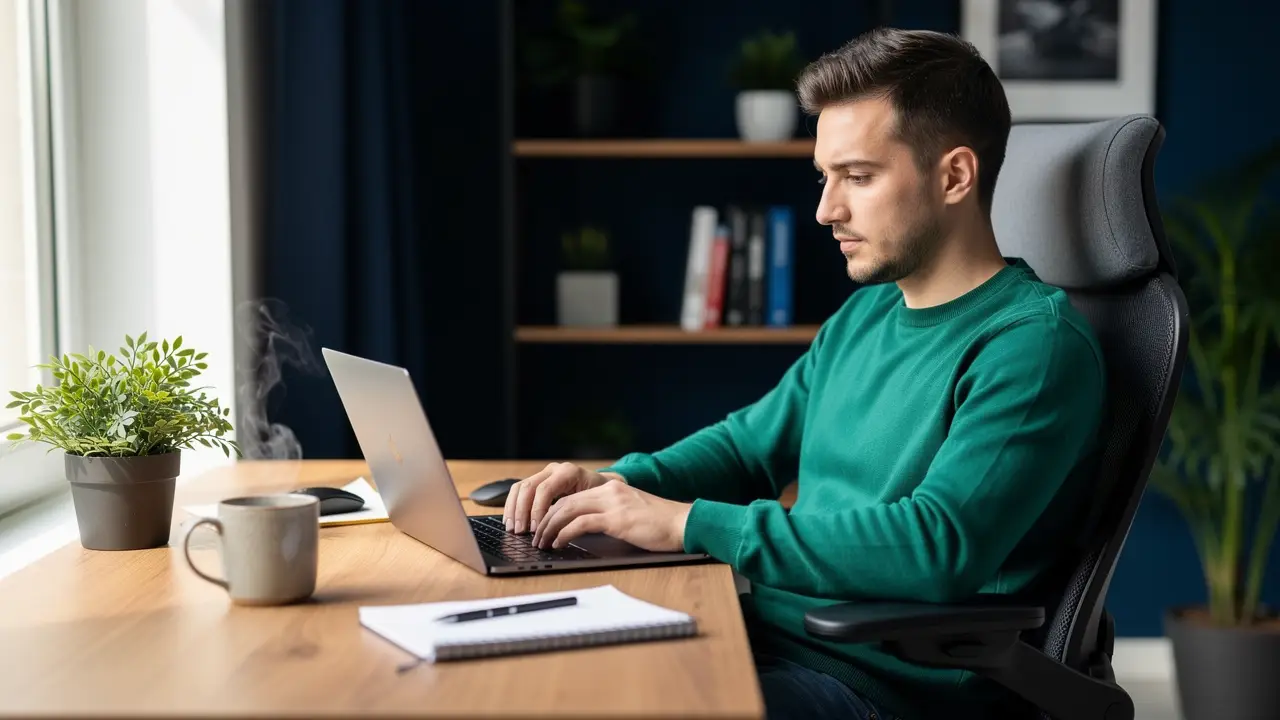 Freelance PHP developer working on a laptop in a bright home office