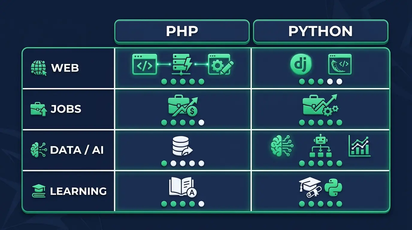 PHP versus Python compared on web, jobs, data and AI, and learning curve