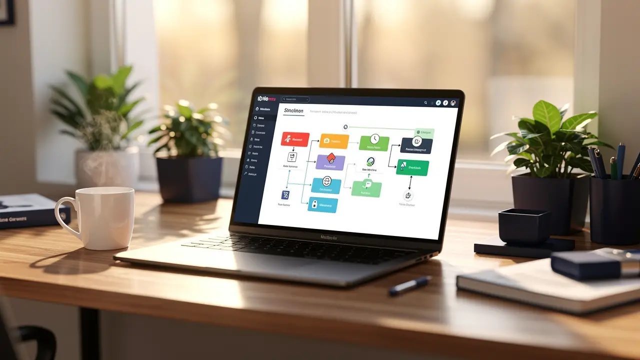 A remote workspace laptop running automation dashboards with glowing world-map connections