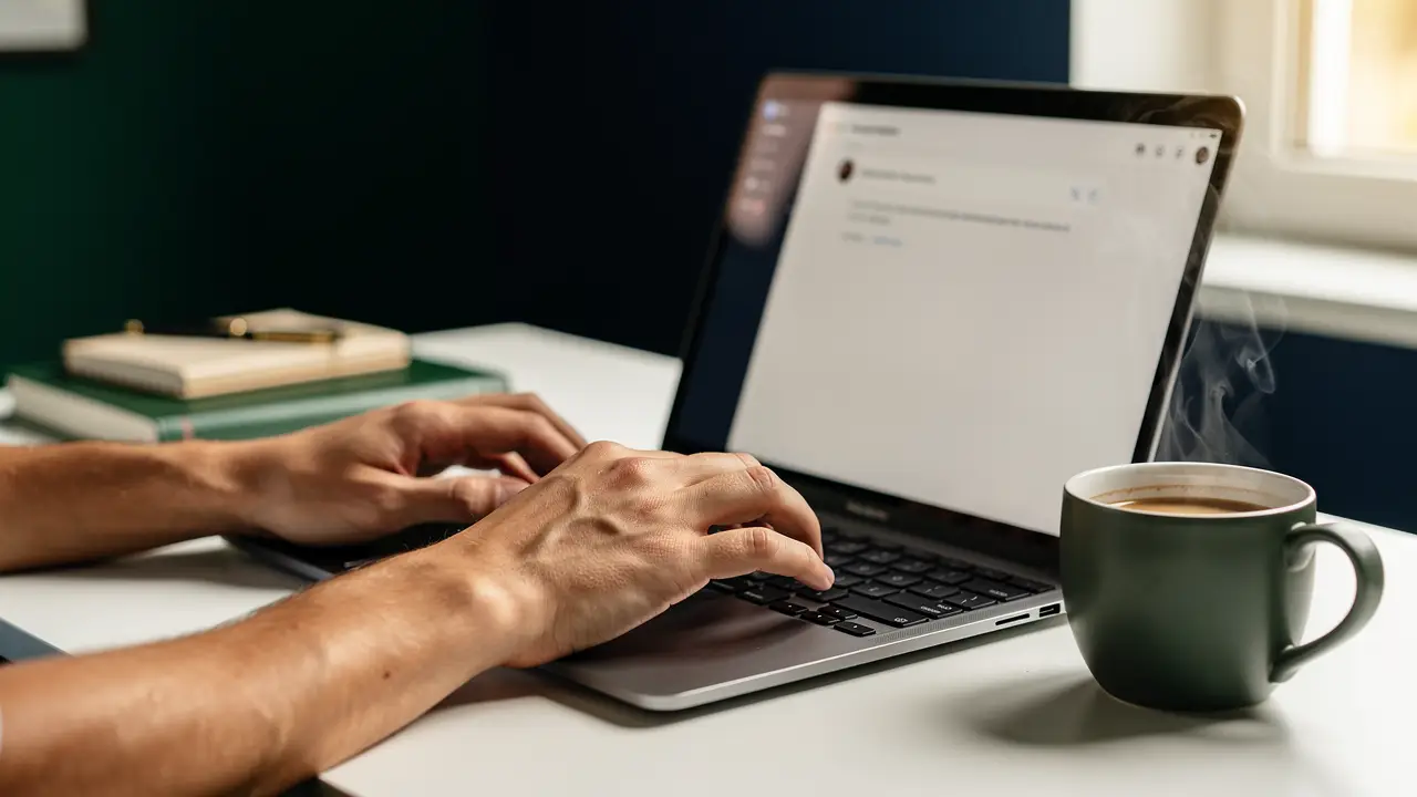 Building an email on a laptop with coffee at a home desk
