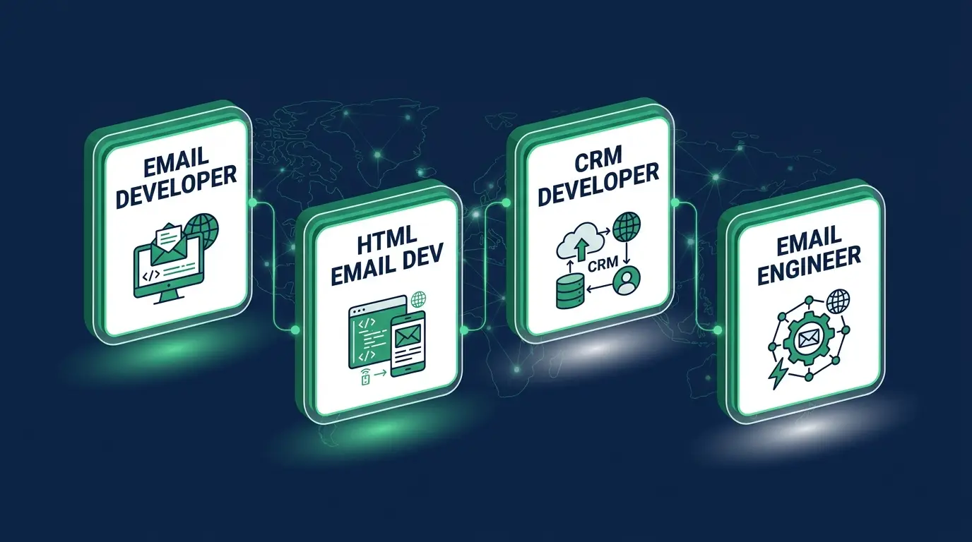 Diagram of remote email job titles: email developer, HTML email dev, CRM developer, email engineer