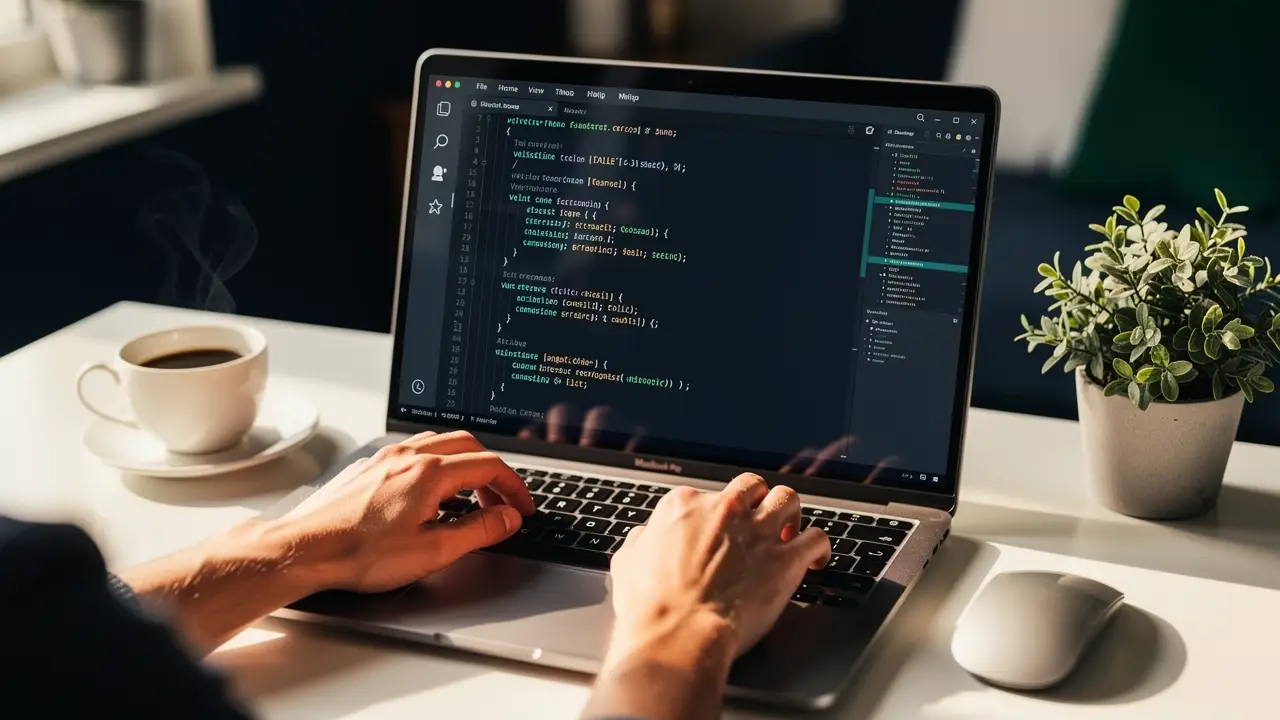 Writing PHP code on a laptop with coffee at a home desk