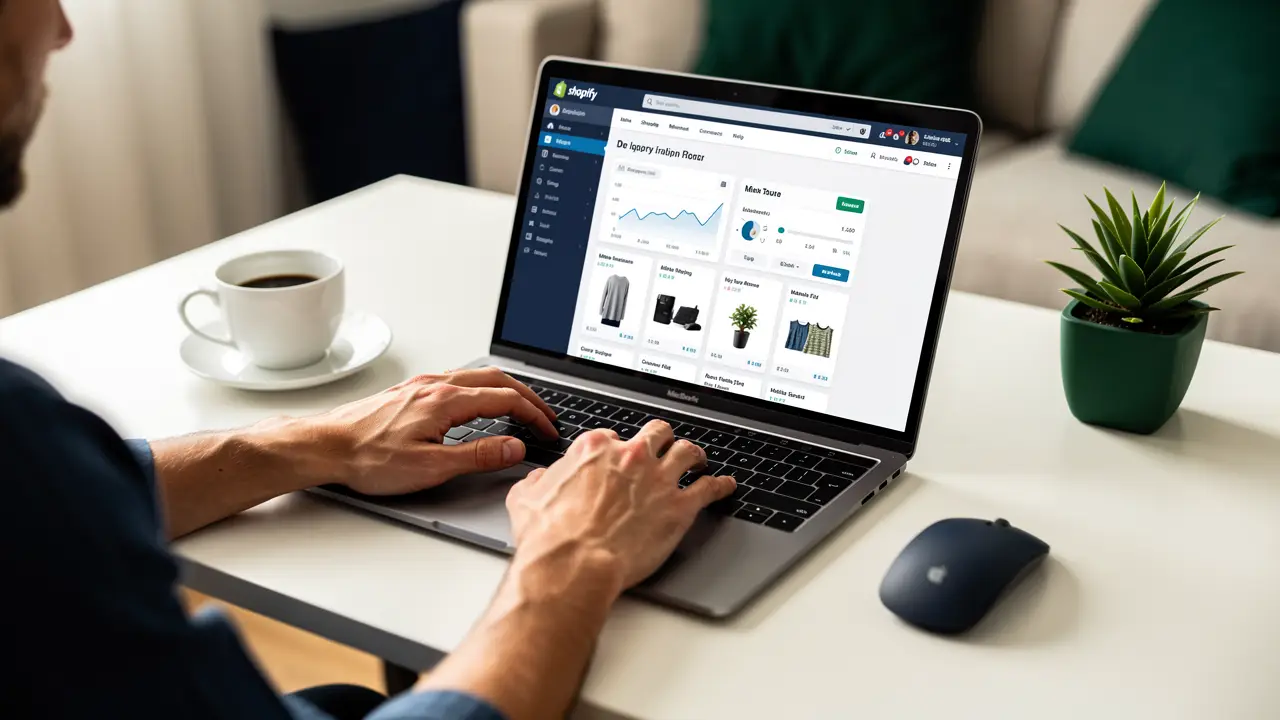 Doing Shopify store work on a laptop with coffee at a home desk