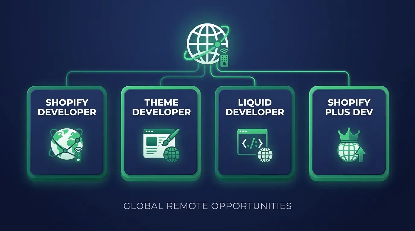 Remote Shopify job titles: Shopify developer, theme developer, Liquid developer, Shopify Plus dev