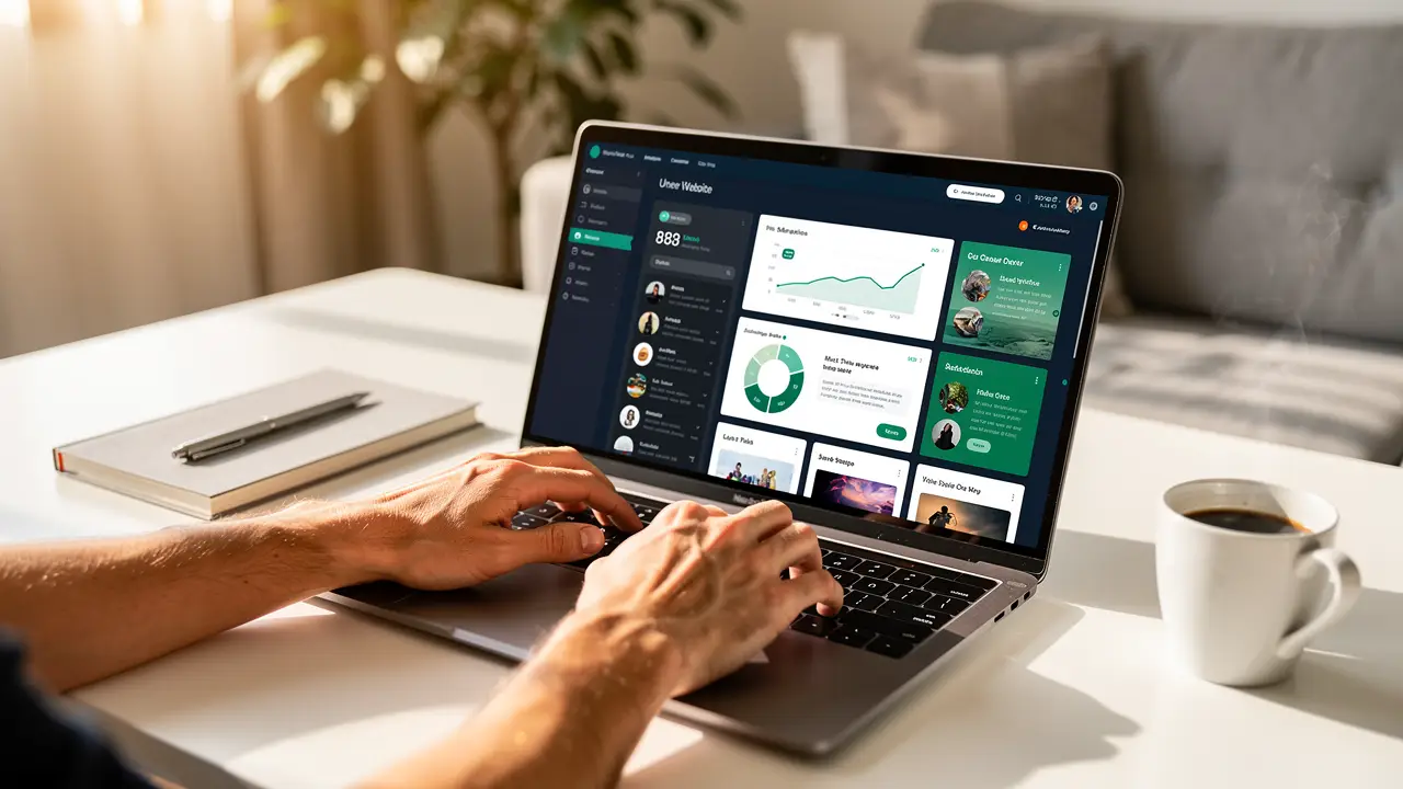 Updating website content in a CMS on a laptop with coffee at a home desk