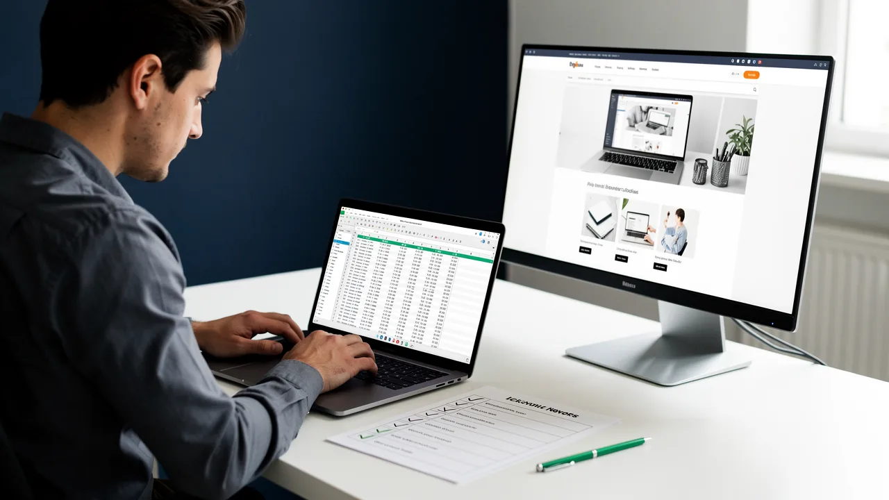 SEO coordinator working through a keyword sheet and site checks