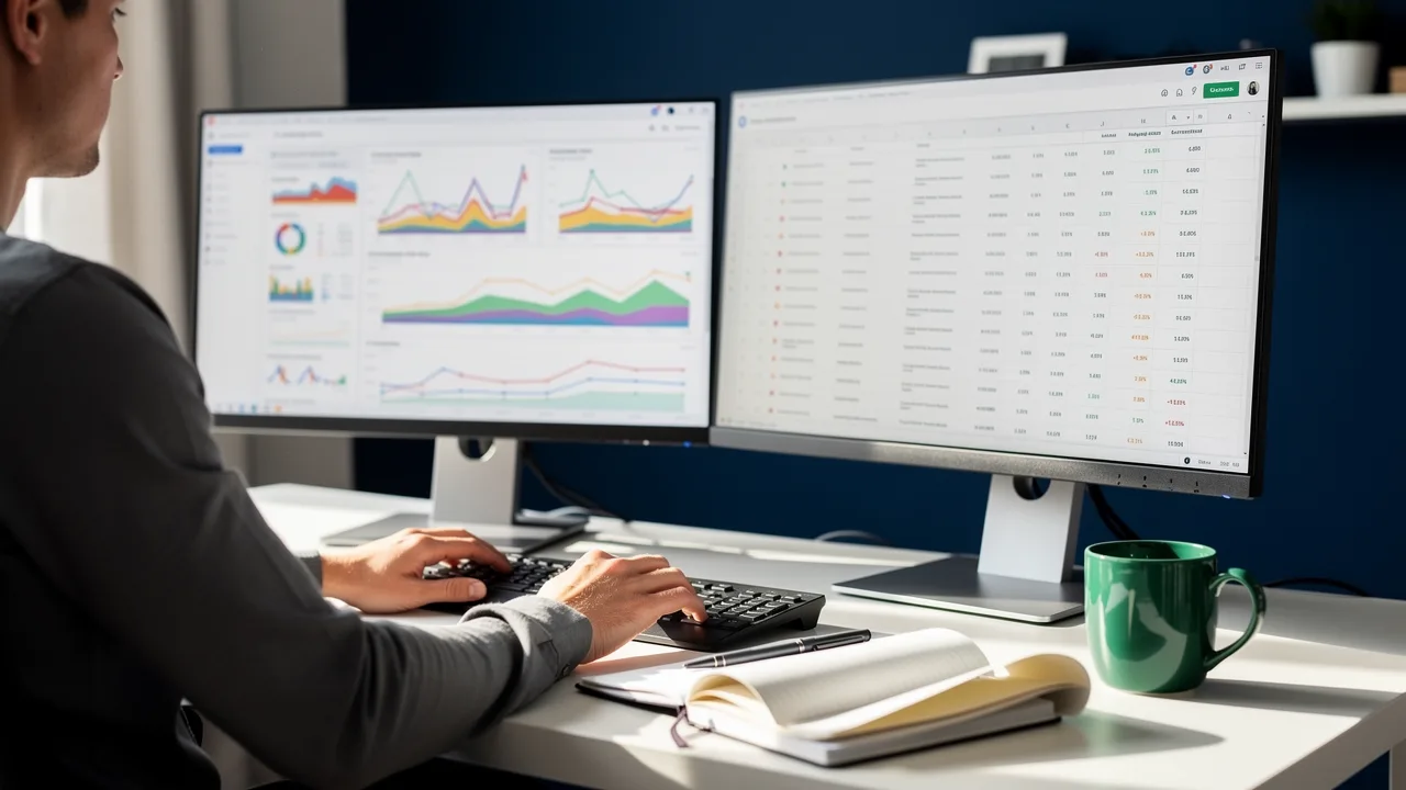 SEO specialist analyzing search performance data on two monitors