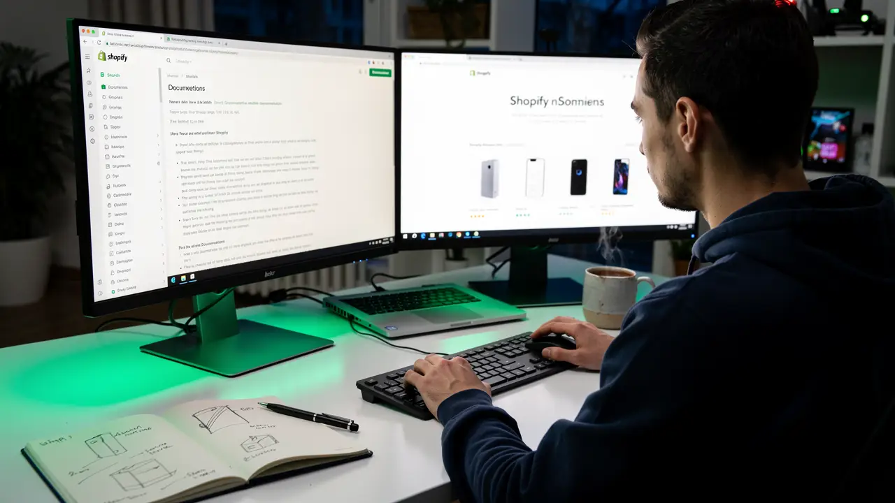 Studying Shopify documentation beside a development store