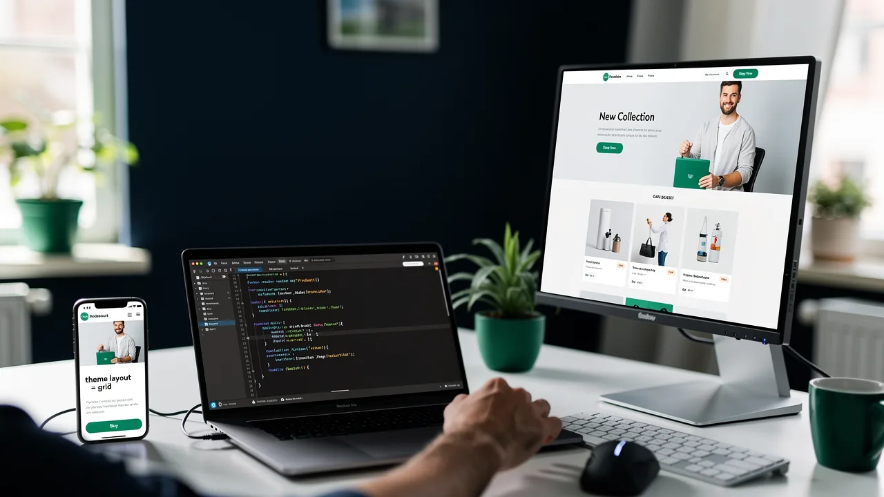 Shopify developer building a custom store theme on a laptop