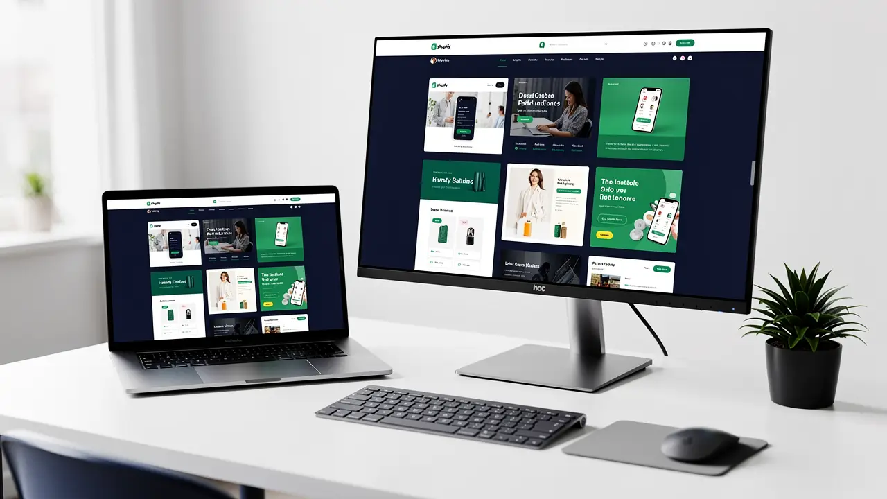 A portfolio grid of polished Shopify storefronts on a laptop and monitor