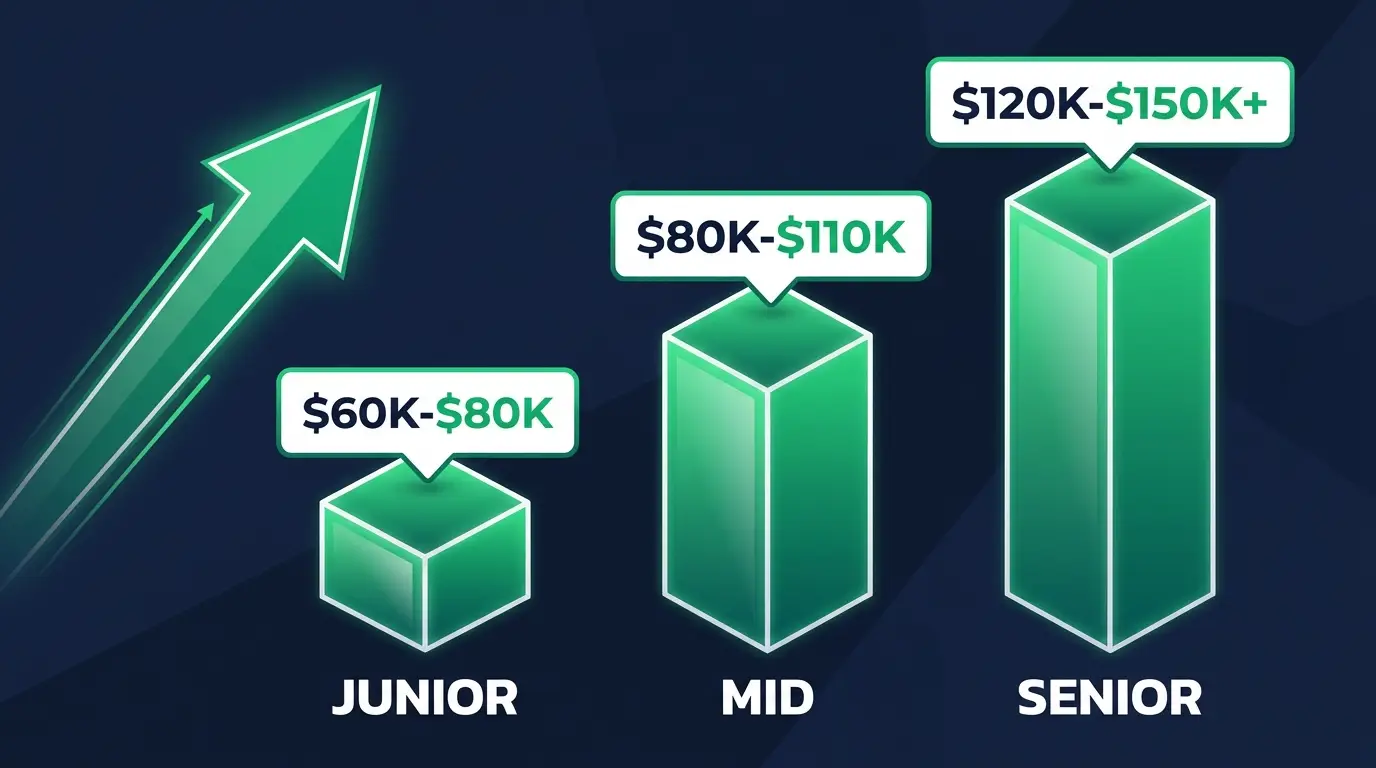 Shopify developer salary by level: junior $60K-$80K, mid $80K-$110K, senior $120K-$150K+