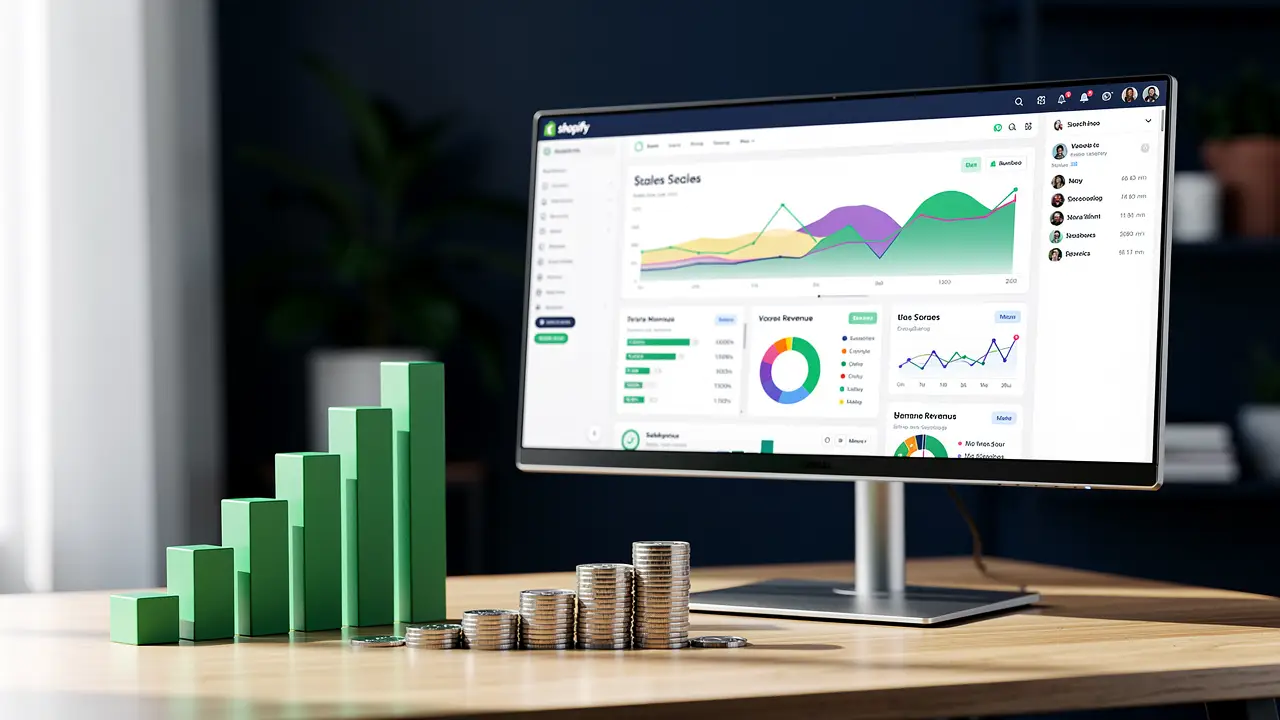 A Shopify sales dashboard beside a rising earnings chart and coins