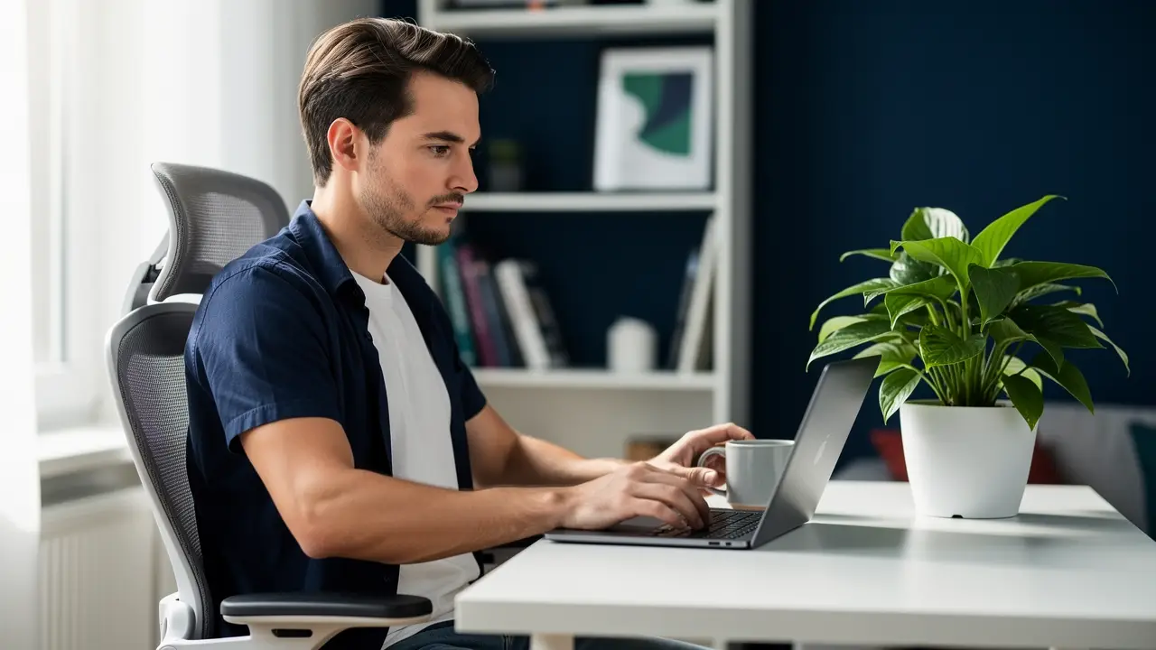 Freelance Shopify developer working on a laptop in a bright home office