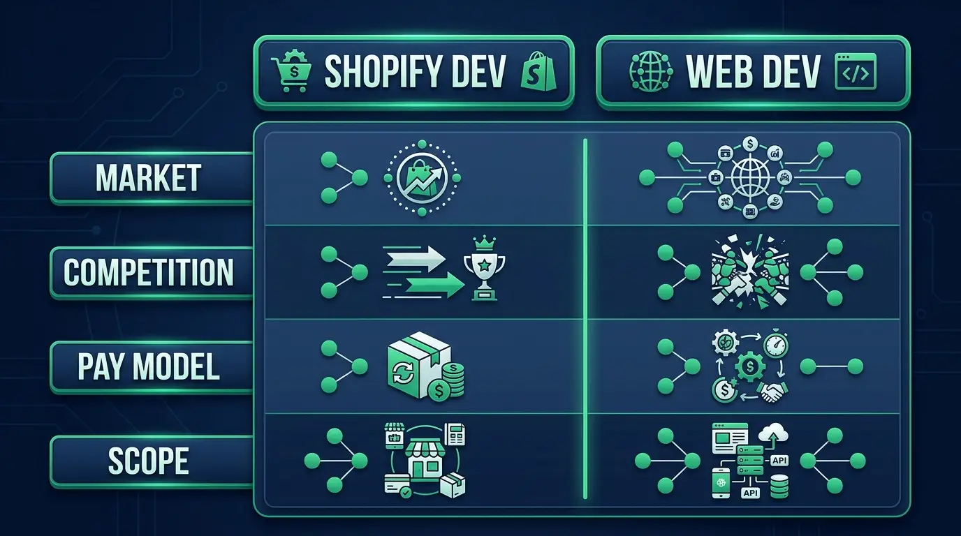 Shopify developer versus web developer compared on market, competition, pay model and scope