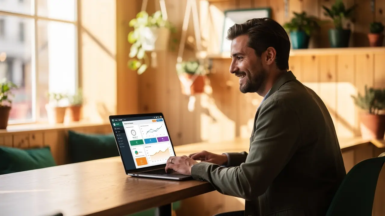 Small business owner setting up automated workflows on a laptop at a cafe counter