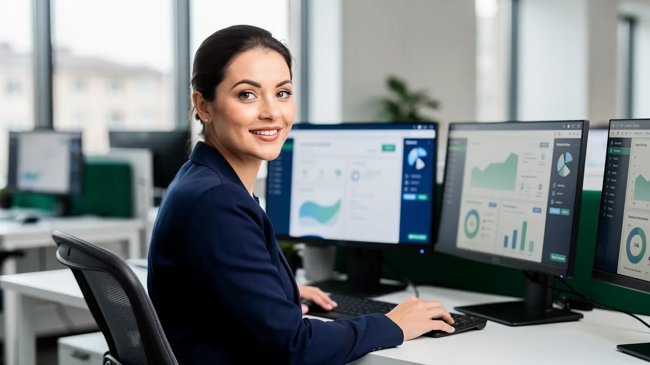 A professional working across friendly business dashboards in a modern office