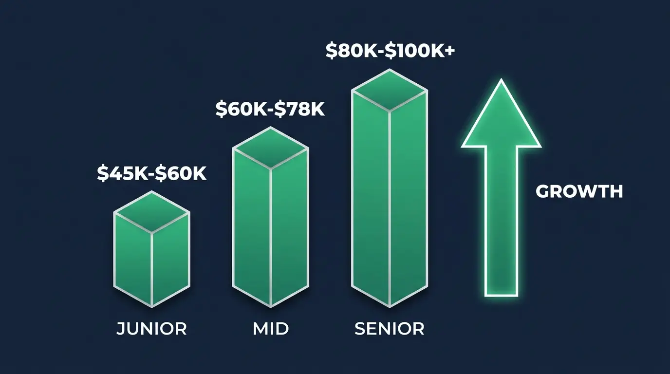 Web administrator salary by level: junior $45K-$60K, mid $60K-$78K, senior $80K-$100K+