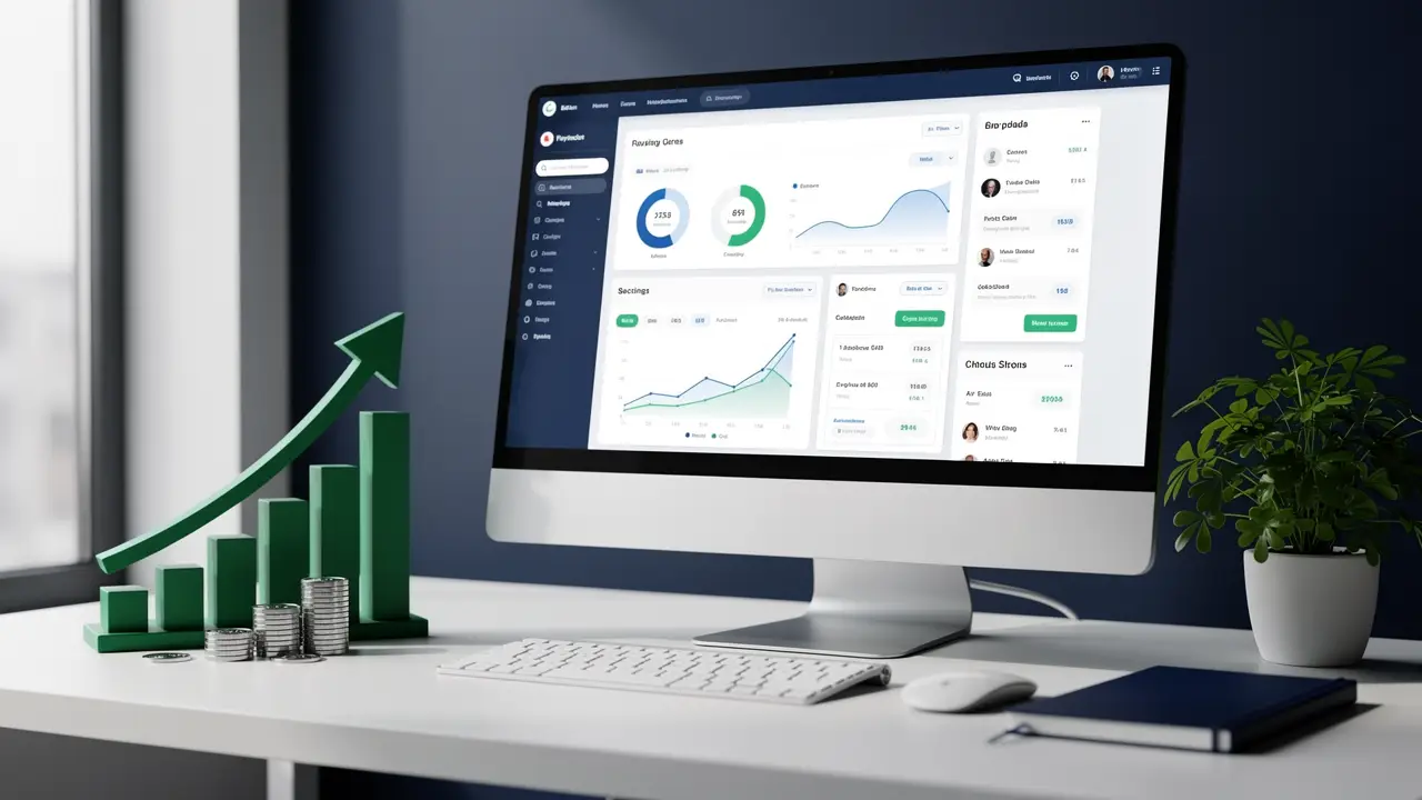 A CMS publishing dashboard beside a rising earnings chart and coins