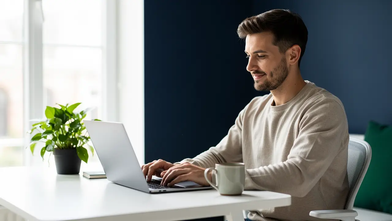 Freelance web administrator working on a laptop in a bright home office