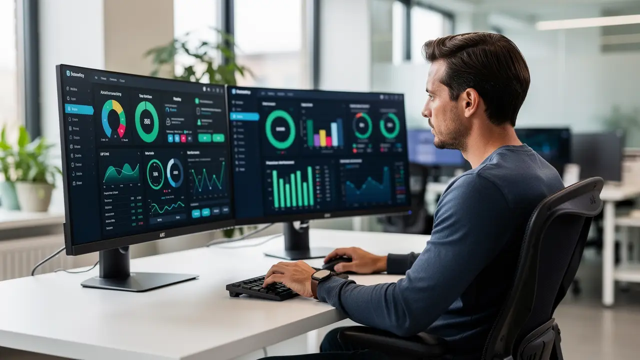 A website manager updating pages in a CMS with an analytics dashboard nearby, the modern shape of the old webmaster job