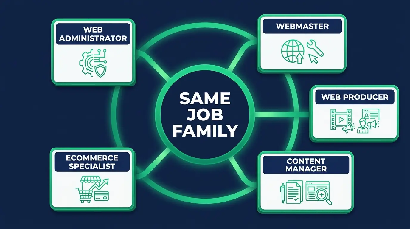 Diagram decoding web administrator, webmaster, web producer, web content manager and e-commerce specialist as different names for the same content-operations job