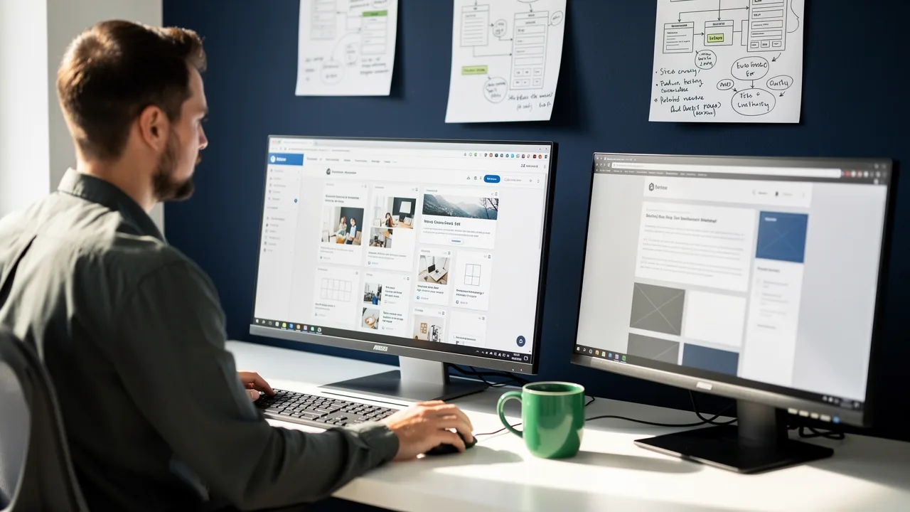 Web content manager updating pages in a CMS on a large monitor