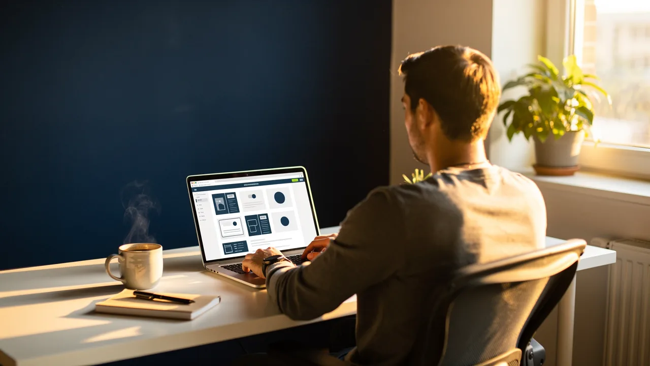 Web content manager working remotely on a laptop at a home desk