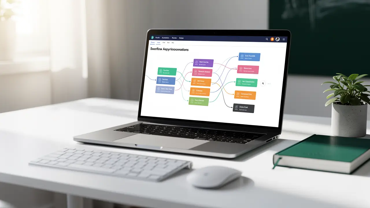 A person at a bright modern desk reviewing an AI automation dashboard that sorts customer support tickets, a real-world AI automation use case
