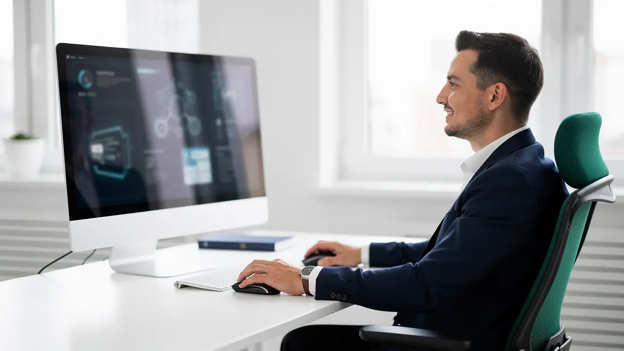 A relaxed person closing a laptop with an automated workflow running on screen, showing how AI automation frees up time from repetitive tasks