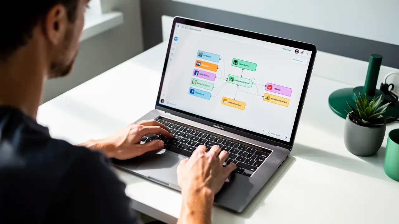 A no-code lead automation workflow diagram showing a form submission flowing into a CRM, a spreadsheet, and a Slack notification through Make.com
