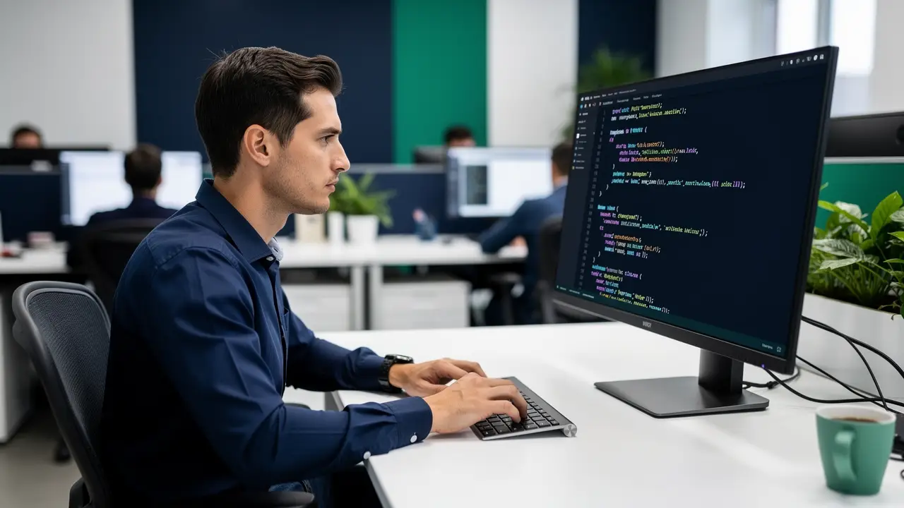 Software engineer working on source code at a desk